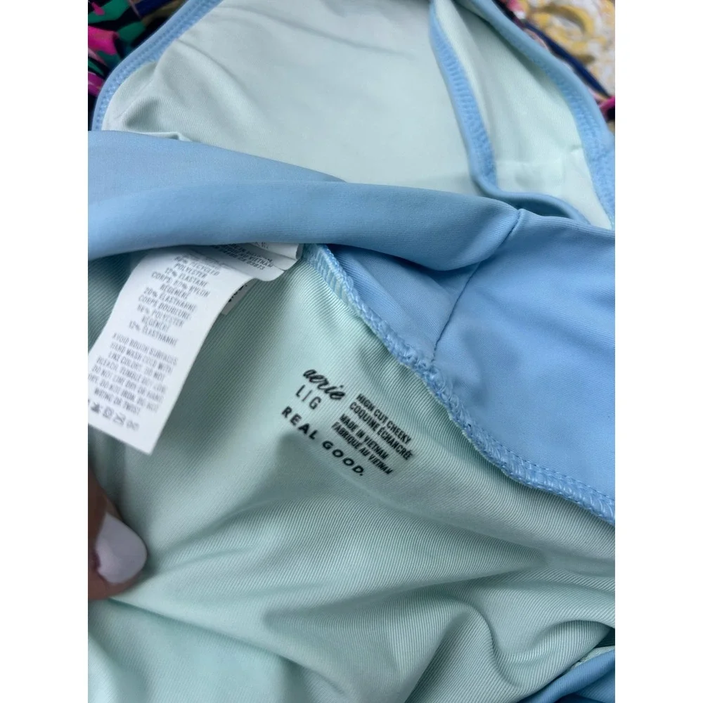 Aerie Real Good Light Blue Plunge Triangle Bikini Top S High Cut Cheeky Bottom L
